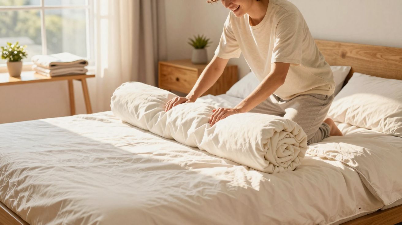 Pessoa a fazer a cama num quarto bem iluminado, enrolando um edredão branco sobre a cama.