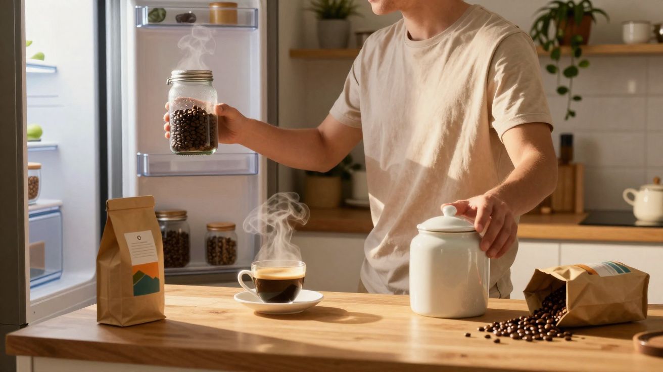 Pessoa a preparar café numa cozinha, com grãos de café, jarra e chávena no balcão.