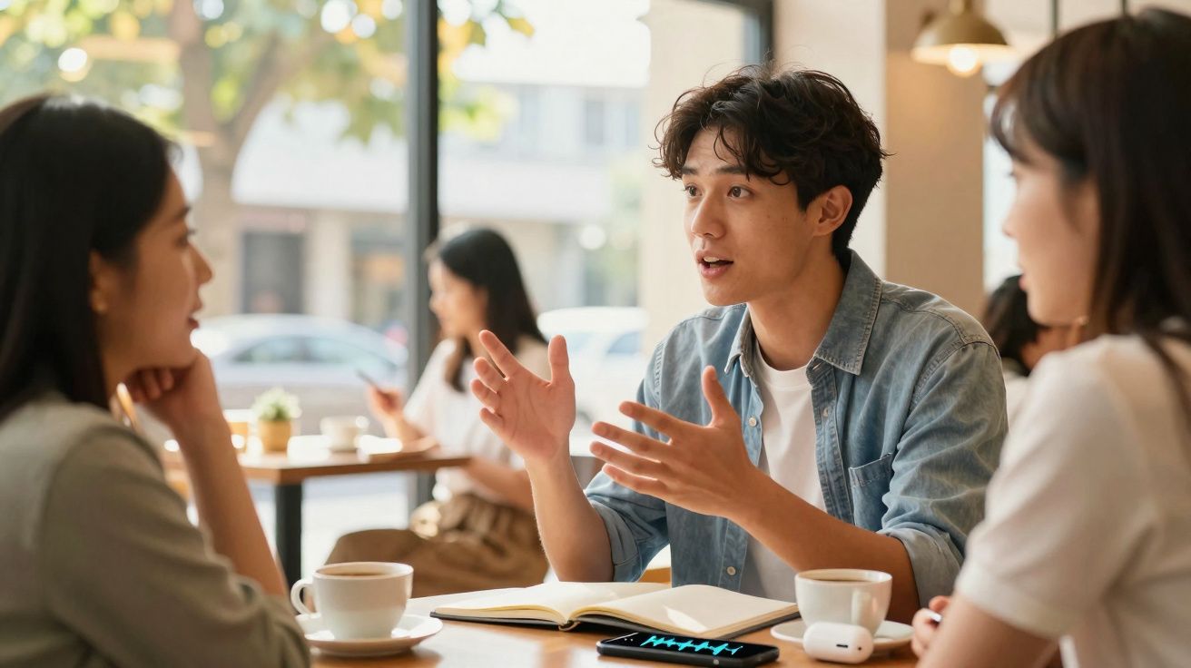 Três pessoas sentadas à mesa de um café, conversando animadamente com livros e café à frente.