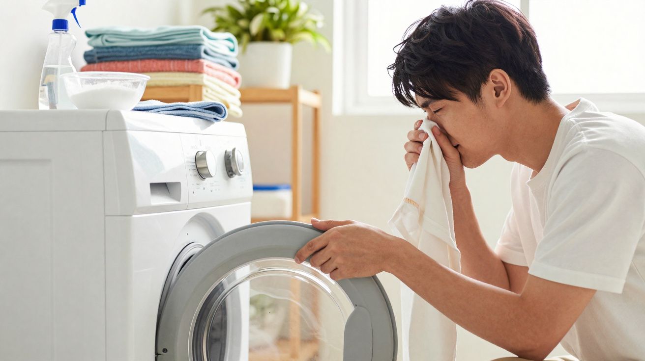 Homem cheira uma peça de roupa à frente de uma máquina de lavar roupa branca numa lavandaria doméstica.