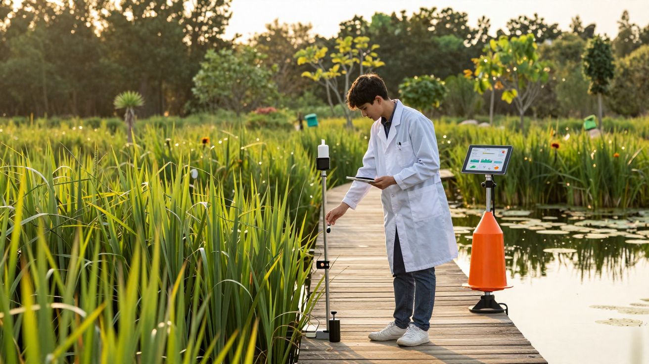 Jovem cientista em bata branca mede qualidade da água numa lagoa ao ar livre num dia ensolarado.
