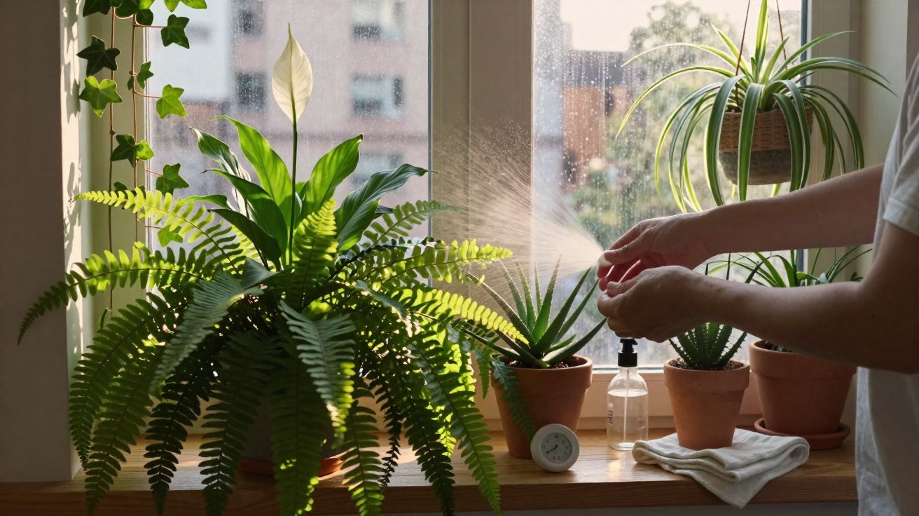 Pessoa a regar plantas verdes variadas em vasos numa janela ensolarada com pulverizador.