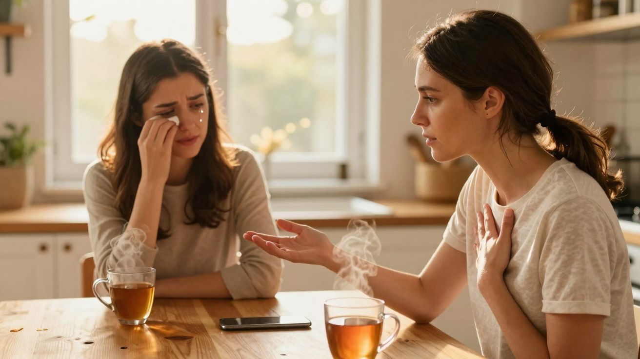 Duas mulheres sentadas numa mesa de cozinha, uma chora e a outra fala com preocupação.