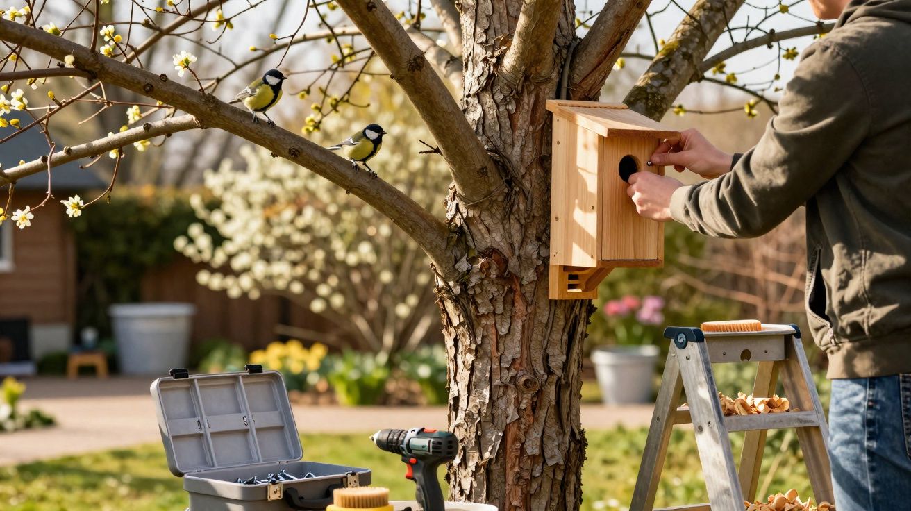 Pessoa a instalar uma casa para pássaros numa árvore florida no jardim durante o dia.