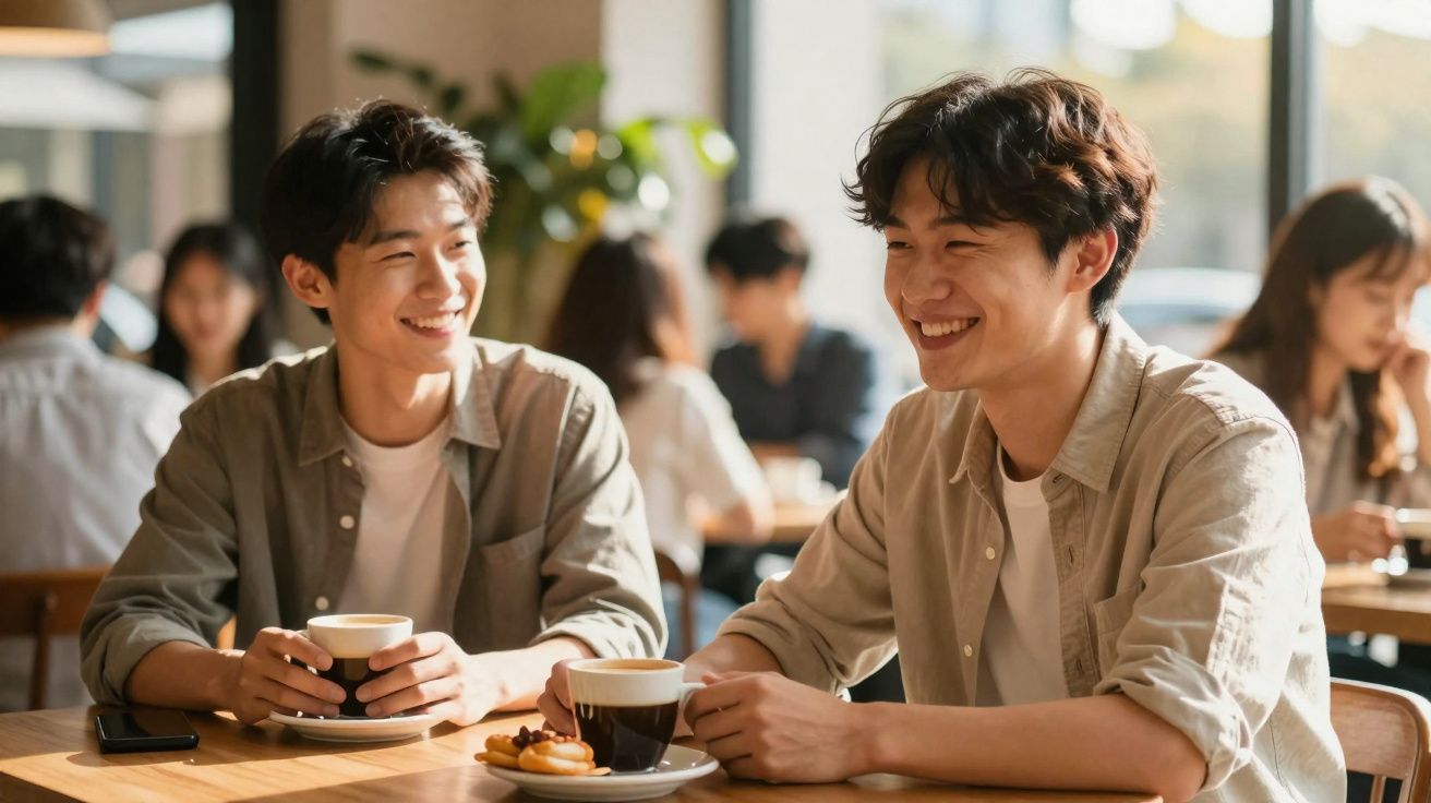 Dois jovens sorridentes sentados numa cafetaria, a conversar e beber café.