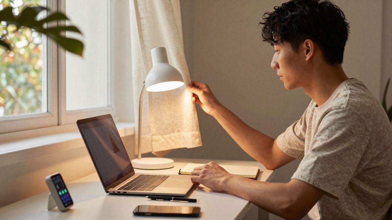 Jovem sentado numa secretária com computador portátil, luminária e dispositivos eletrónicos, em ambiente interior.