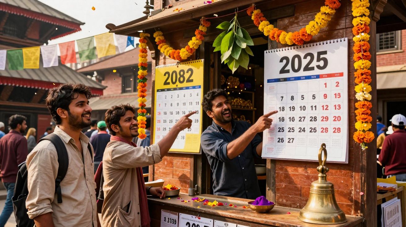 Três homens apontam e sorriem para calendários de 2025 e 2082 numa banca decorada com flores em mercado ao ar livre.