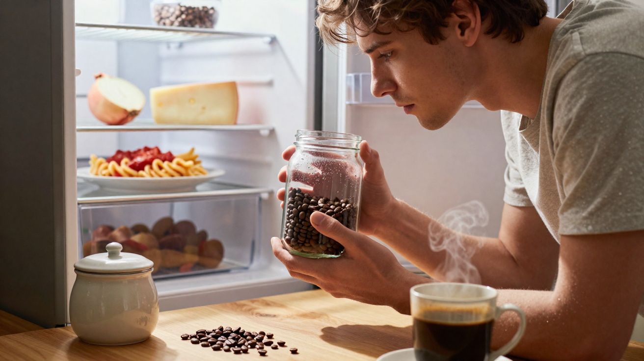 Homem a cheirar grãos de café junto a frigorífico aberto e chávena de café quente numa mesa.