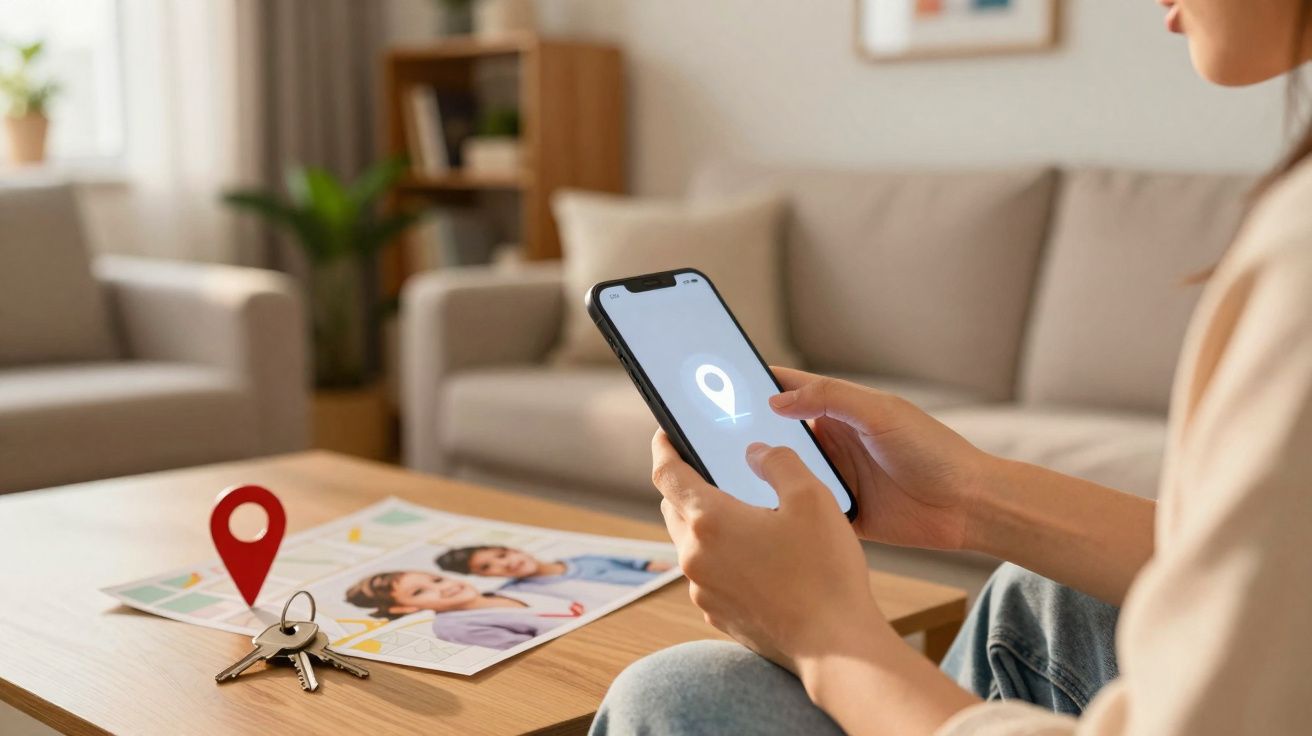 Pessoa a usar telemóvel com ícone de localização, chave e fotos sobre mesa numa sala de estar.
