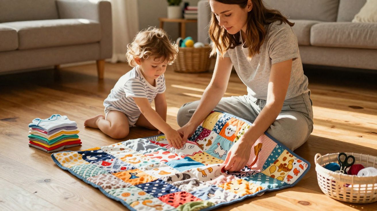 Mãe e filho pequeno brincam juntos numa manta colorida no chão de madeira da sala iluminada.