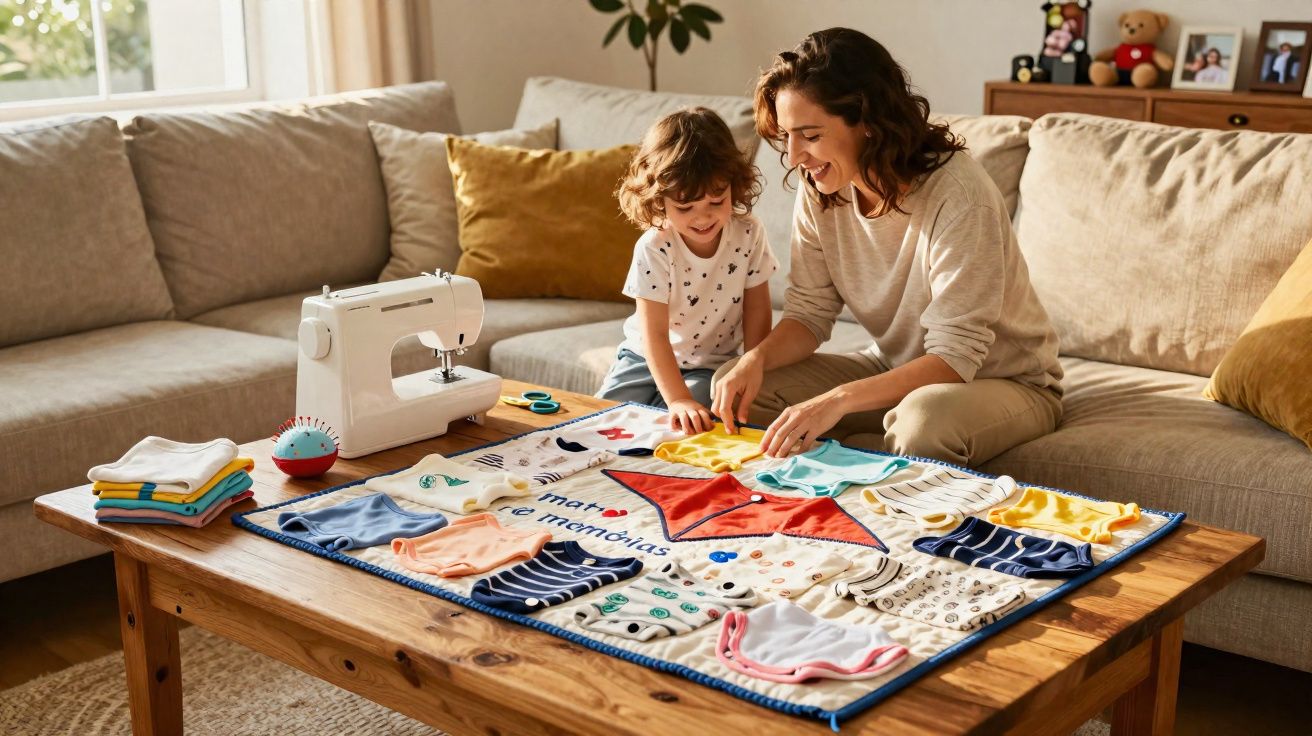 Mãe e filho a brincar com peças de pano coloridas sobre mesa de madeira na sala de estar.