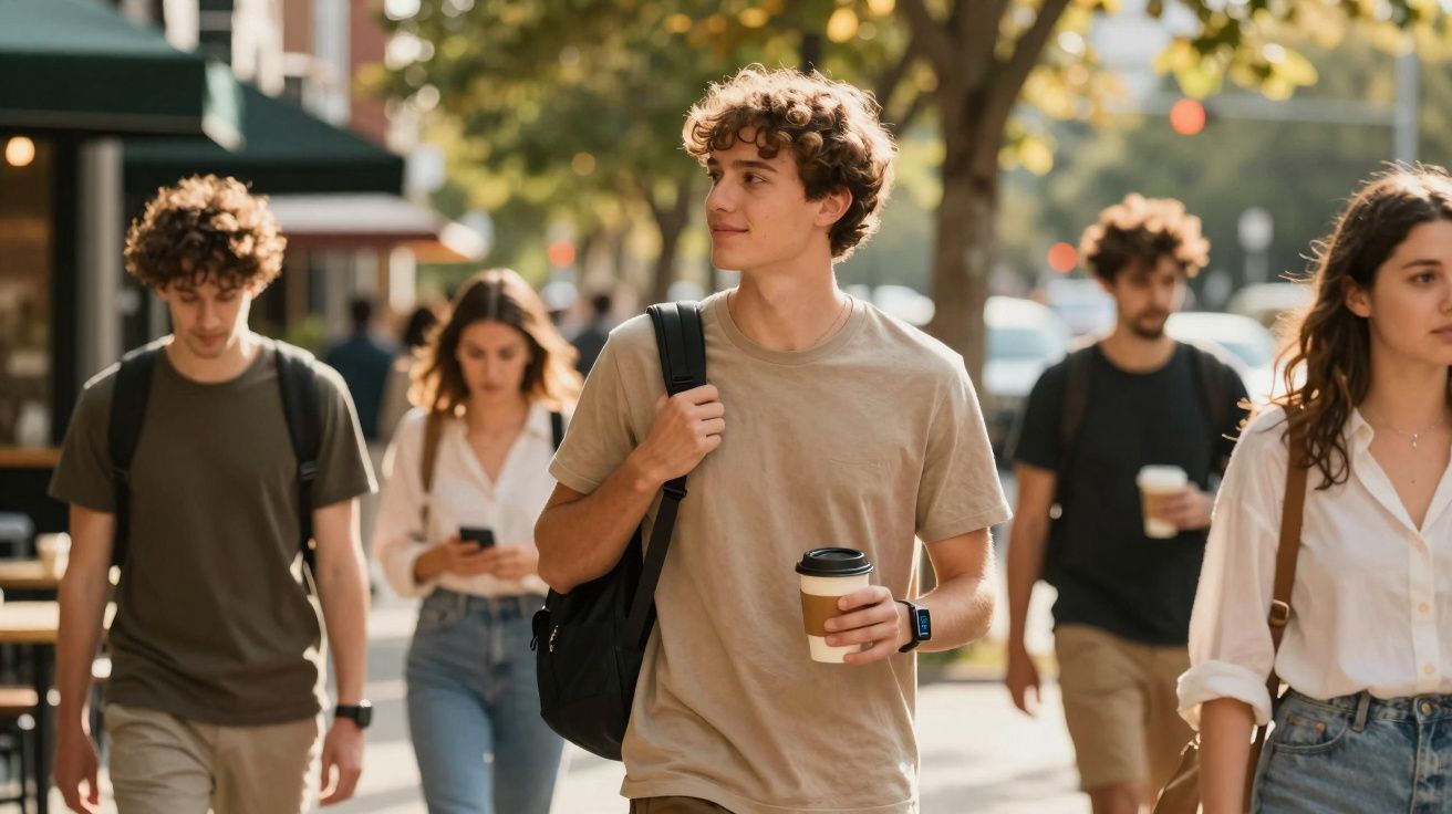 Jovens a caminhar numa rua ensolarada, alguns a beber café e outros a usar telemóvel.