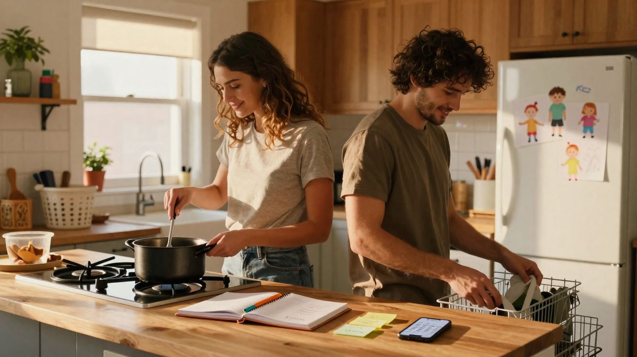 Casal jovem cozinha e lava louça juntos numa cozinha luminosa e organizada durante o dia.