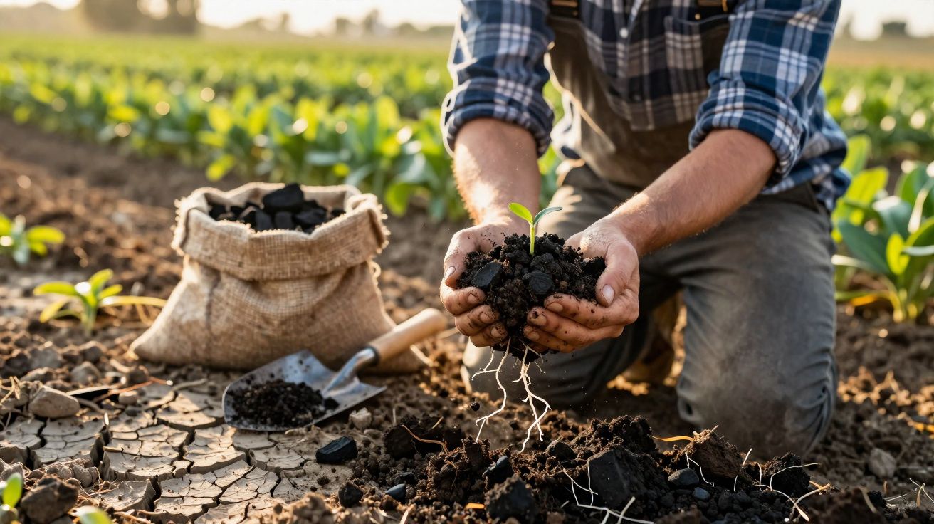 Pessoa com camisa xadrez segura muda de planta com raízes na terra de uma horta, ao lado de saco de terra e pá.