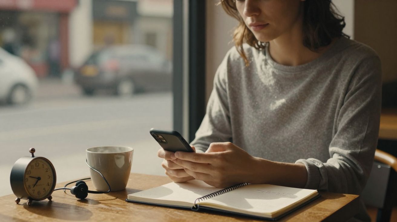 Pessoa sentada numa mesa com caderno aberto, telemóvel, chávena, auscultadores e relógio analógico.
