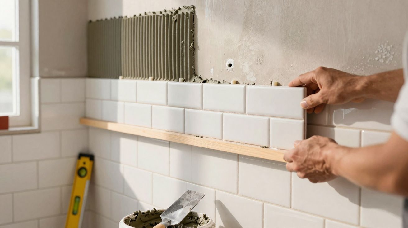 Pessoa a colocar azulejos brancos tipo metro numa parede durante obra de renovação numa cozinha.