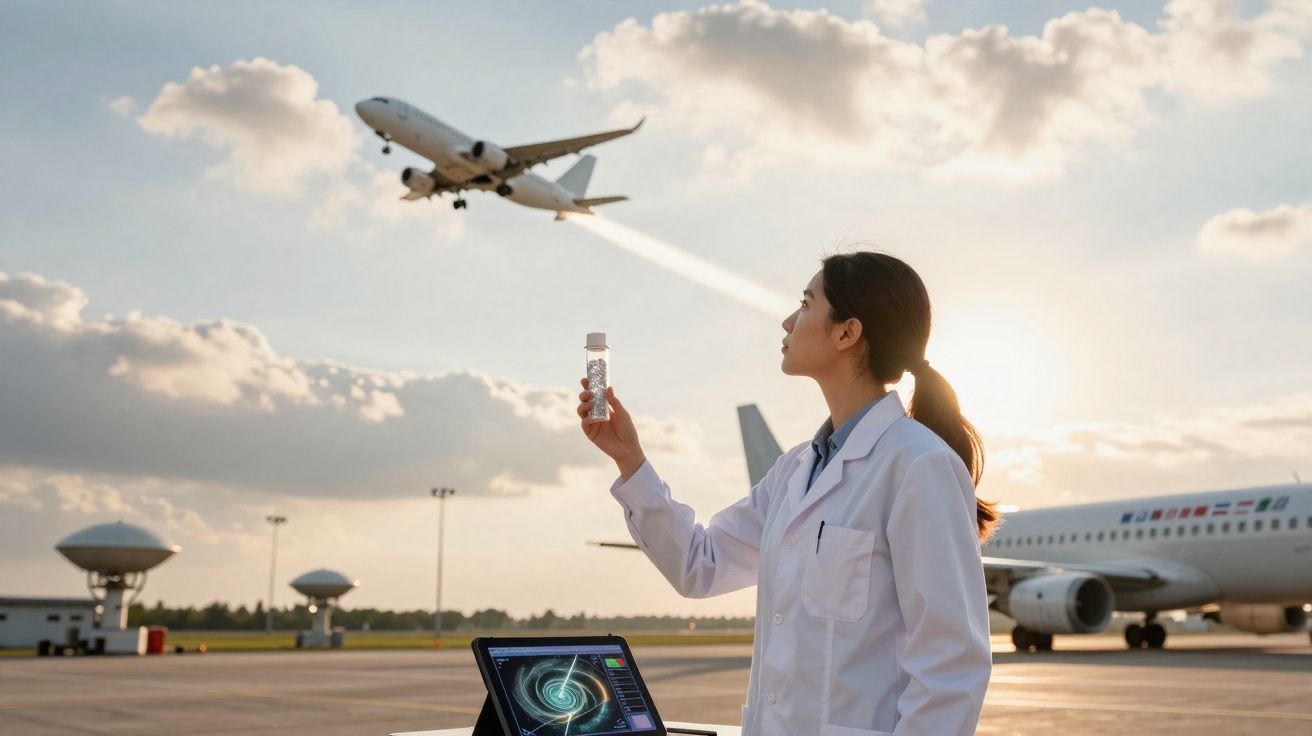 Mulher cientista com bata branca segura frasco enquanto avião descola com rasto de luz ao fundo no aeroporto.
