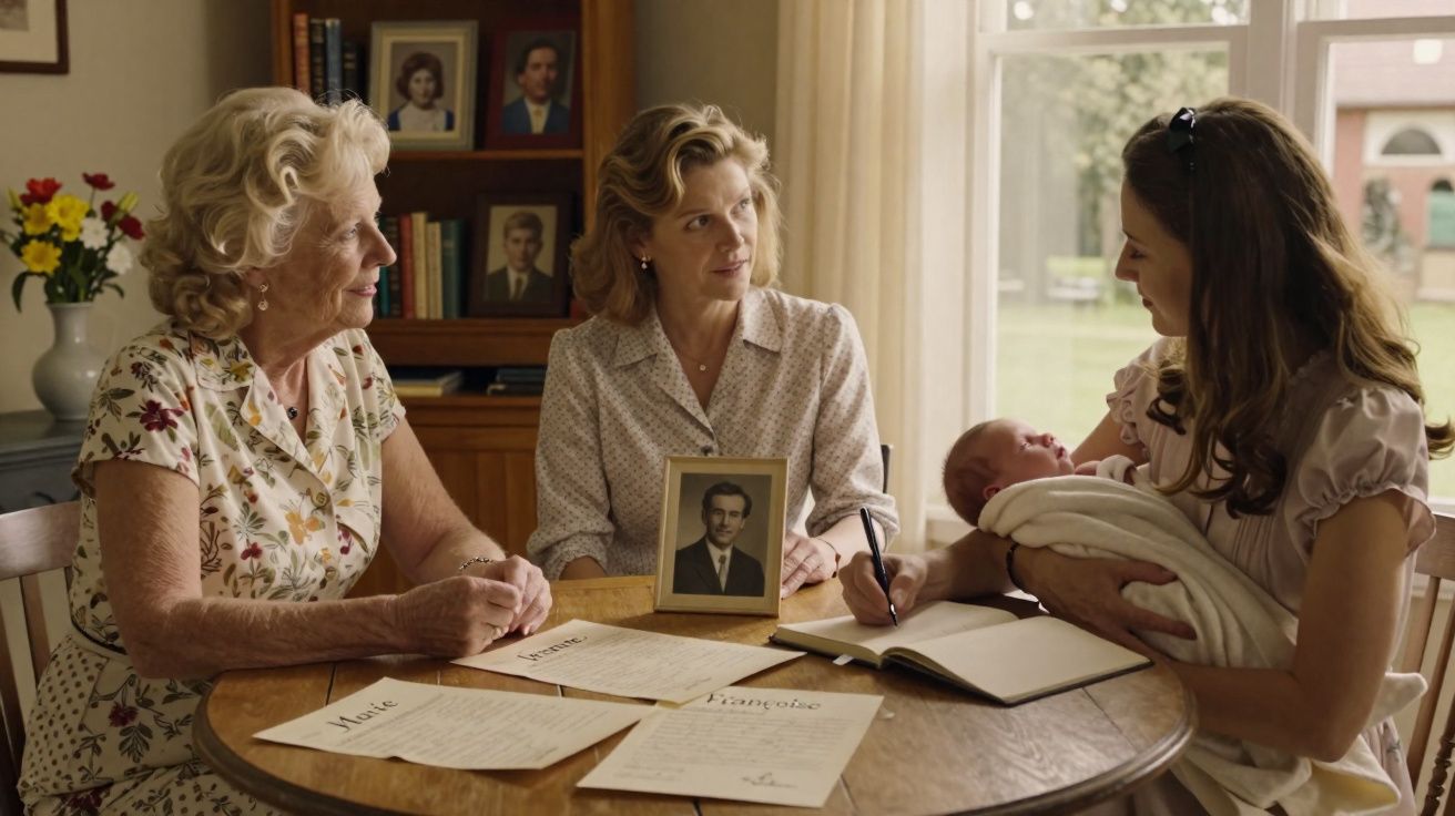 Três gerações de mulheres à volta de uma mesa com documentos e uma fotografia em moldura, uma segura um bebé.