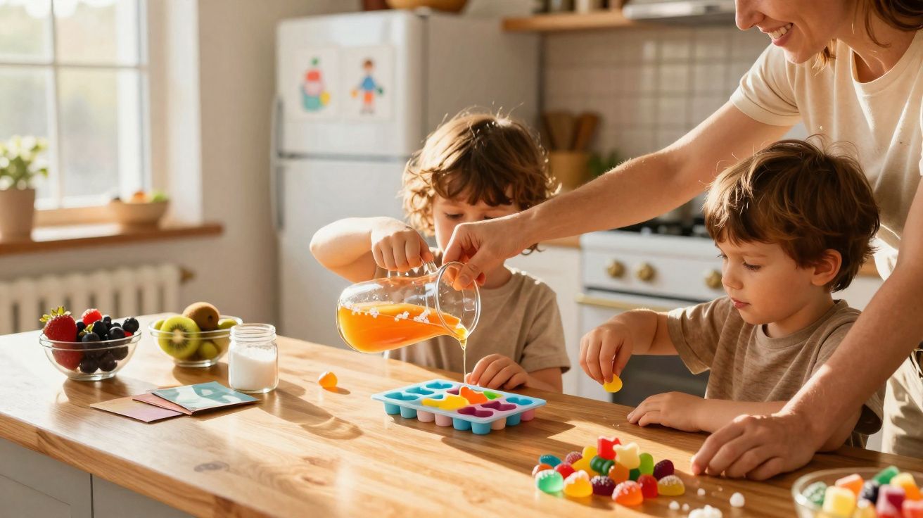 Crianças e mulher a fazer gelados com sumo natural e frutas coloridas numa cozinha iluminada.