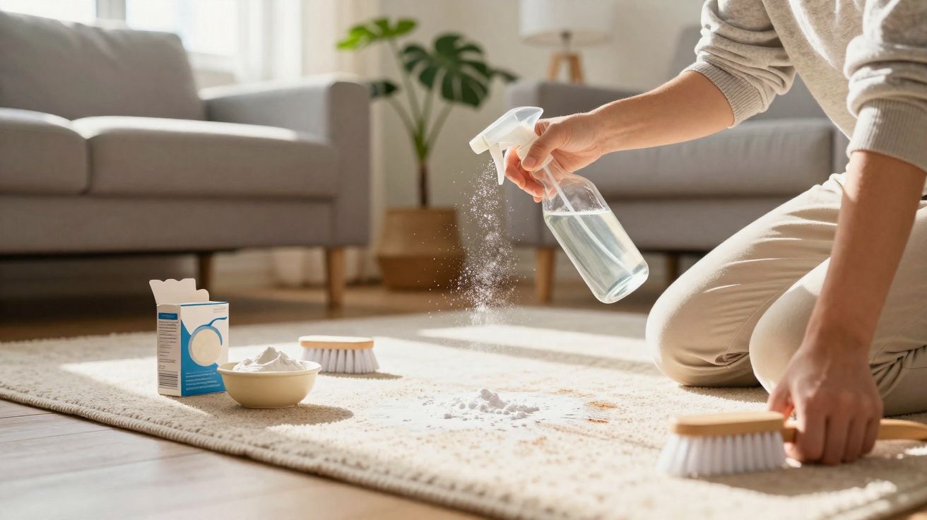 Pessoa a limpar tapete com escovas, spray e bicarbonato de sódio numa sala com sofá e planta.
