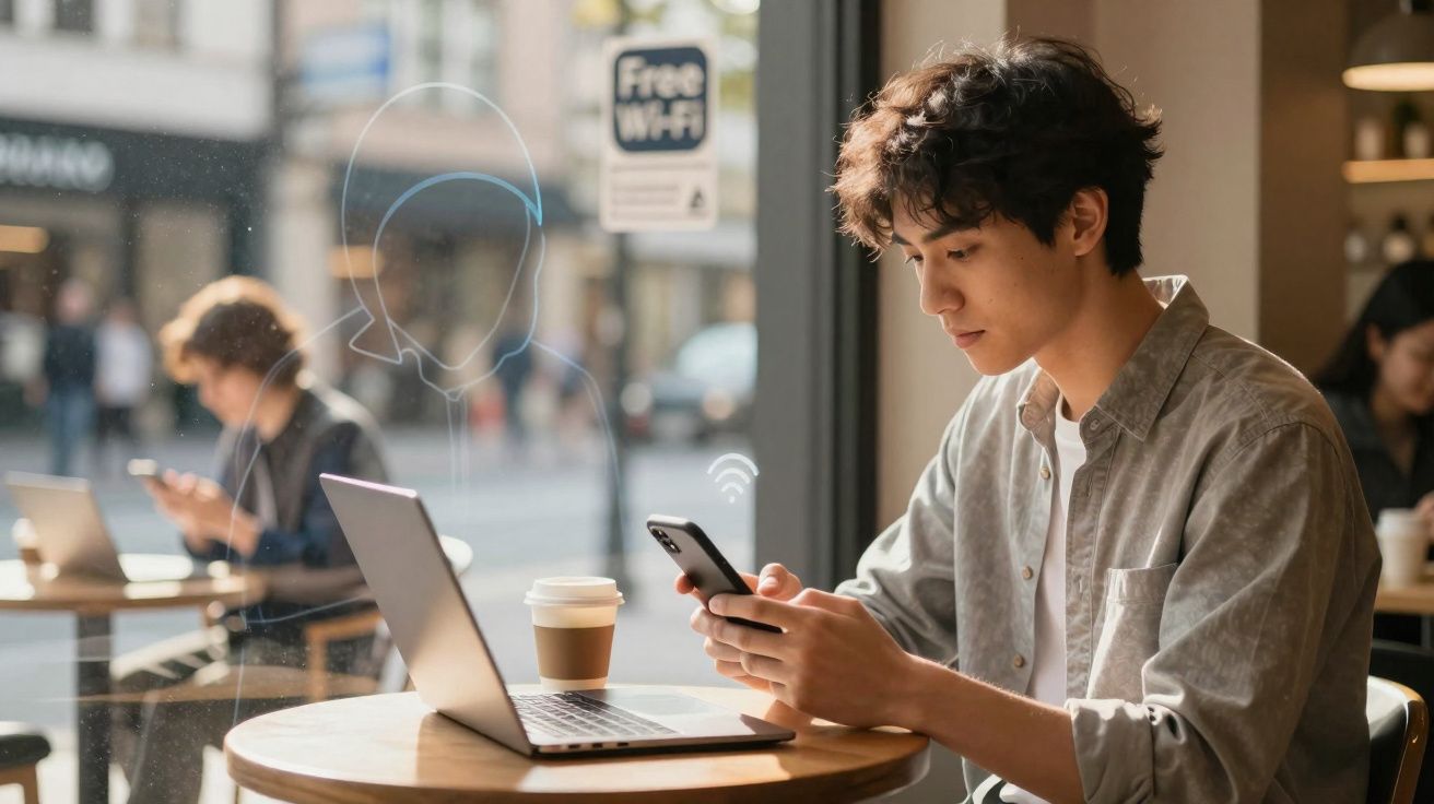 Jovem sentado numa cafetaria a usar smartphone com portátil e café numa mesa junto à janela com sinal de Wi-Fi.