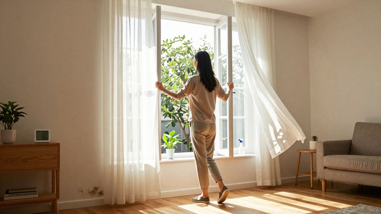 Mulher de pijama a abrir janela grande com cortinas brancas num quarto iluminado pelo sol.