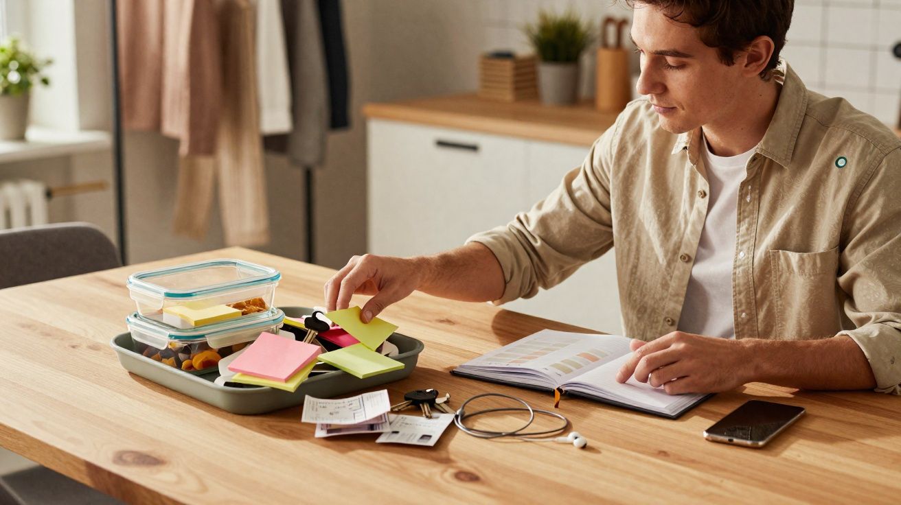 Homem sentado à mesa a organizar notas adesivas coloridas enquanto consulta um caderno aberto.