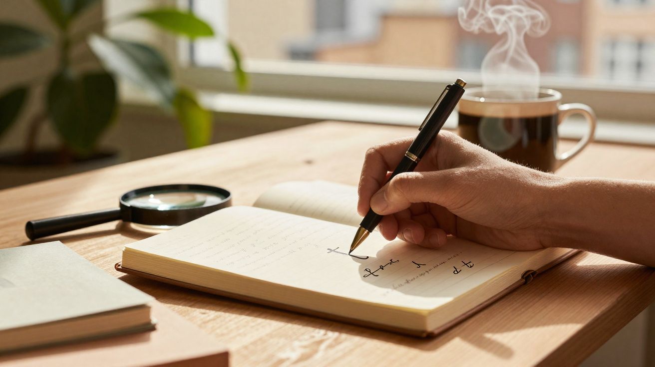 Mão a escrever num caderno aberto numa mesa de madeira com caneca fumegante e lupa ao fundo.