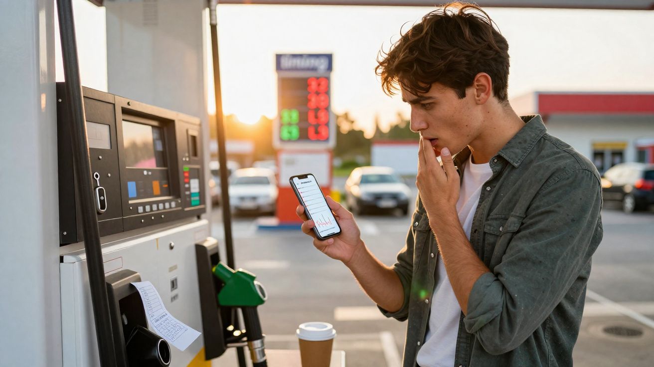 Jovem preocupado a olhar para o telemóvel numa bomba de gasolina ao pôr do sol, com gráfico no ecrã.
