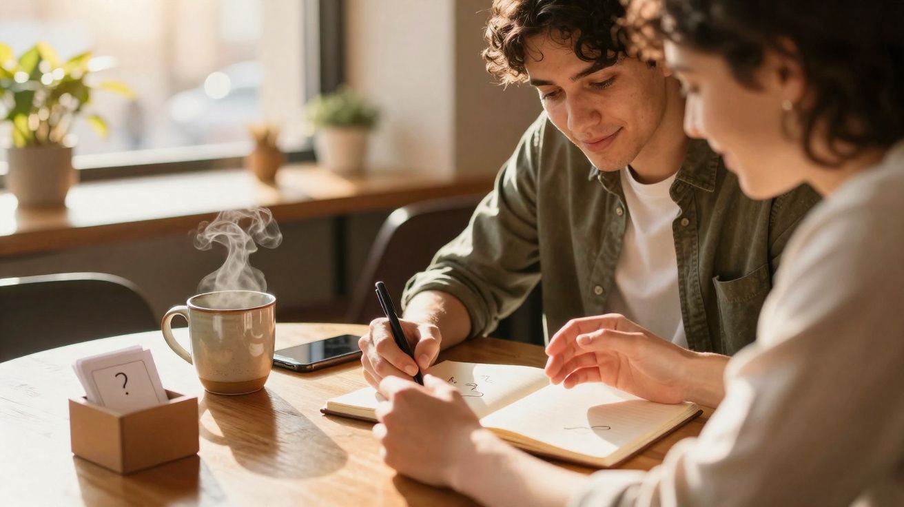 Duas pessoas sentadas à mesa a escrever num caderno, com chá quente e cartões à sua frente.