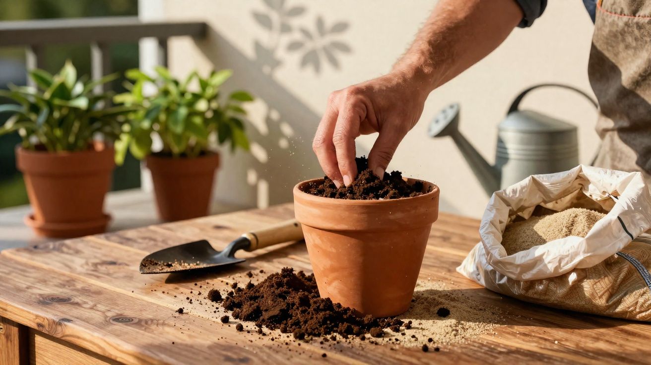 Pessoa a colocar terra num vaso de barro num ambiente com plantas e regador ao fundo.