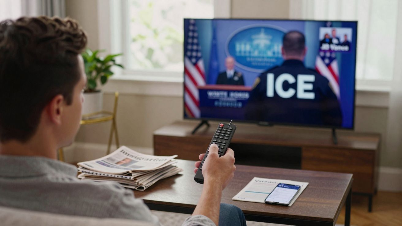 Homem sentado no sofá a ver notícia na televisão segurando telecomando numa sala iluminada.