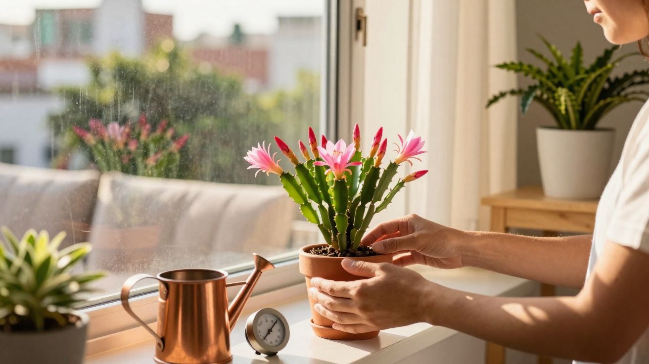 Pessoa a cuidar de planta com flores cor-de-rosa numa janela iluminada, com regador e termómetro ao lado.