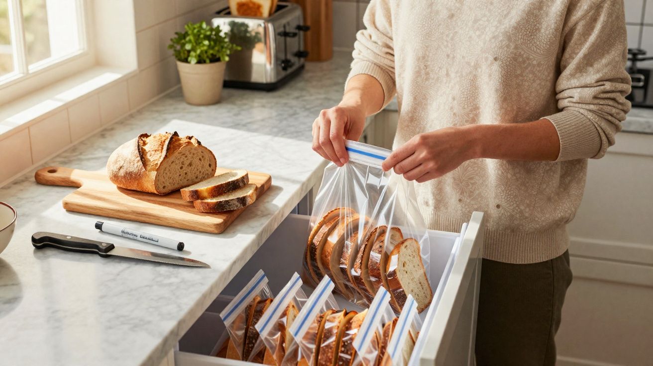 Pessoa a guardar fatias de pão em sacos de plástico num armário de cozinha com pão na tábua.