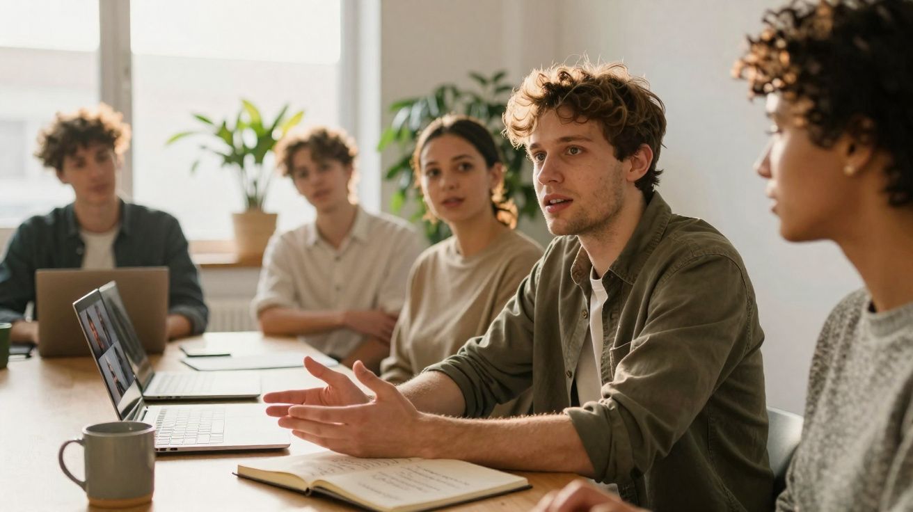 Jovens numa reunião de trabalho colaborativo, discutindo ideias à volta de uma mesa com computadores.