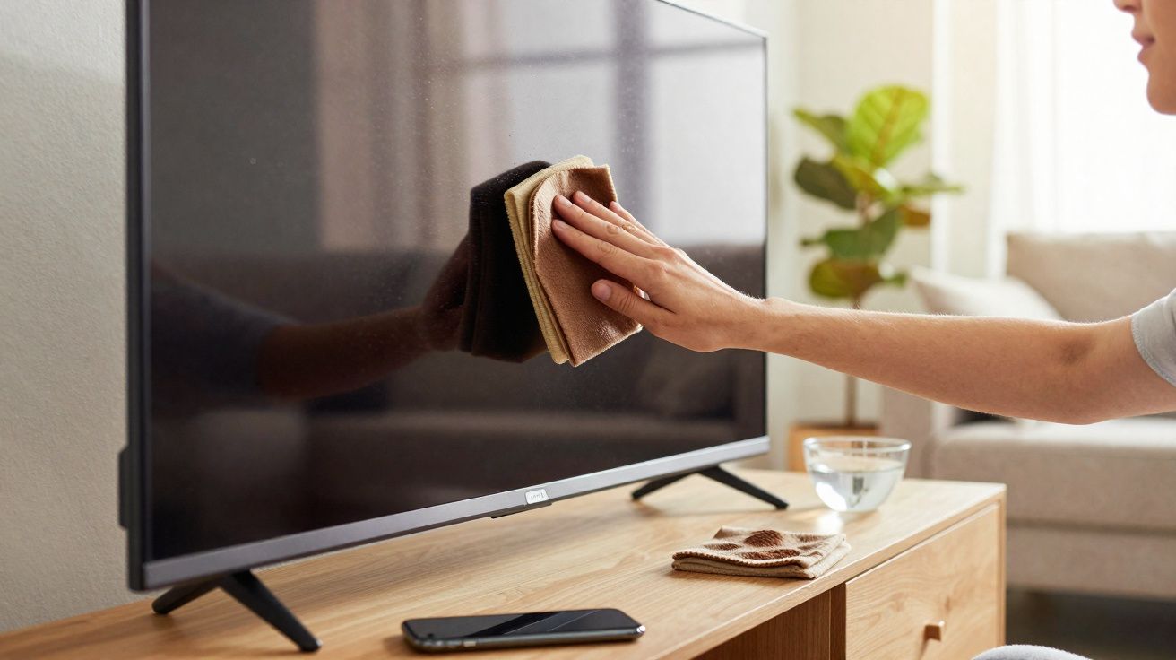 Pessoa a limpar epolir ecrã de televisão com pano numa sala de estar moderna e iluminada