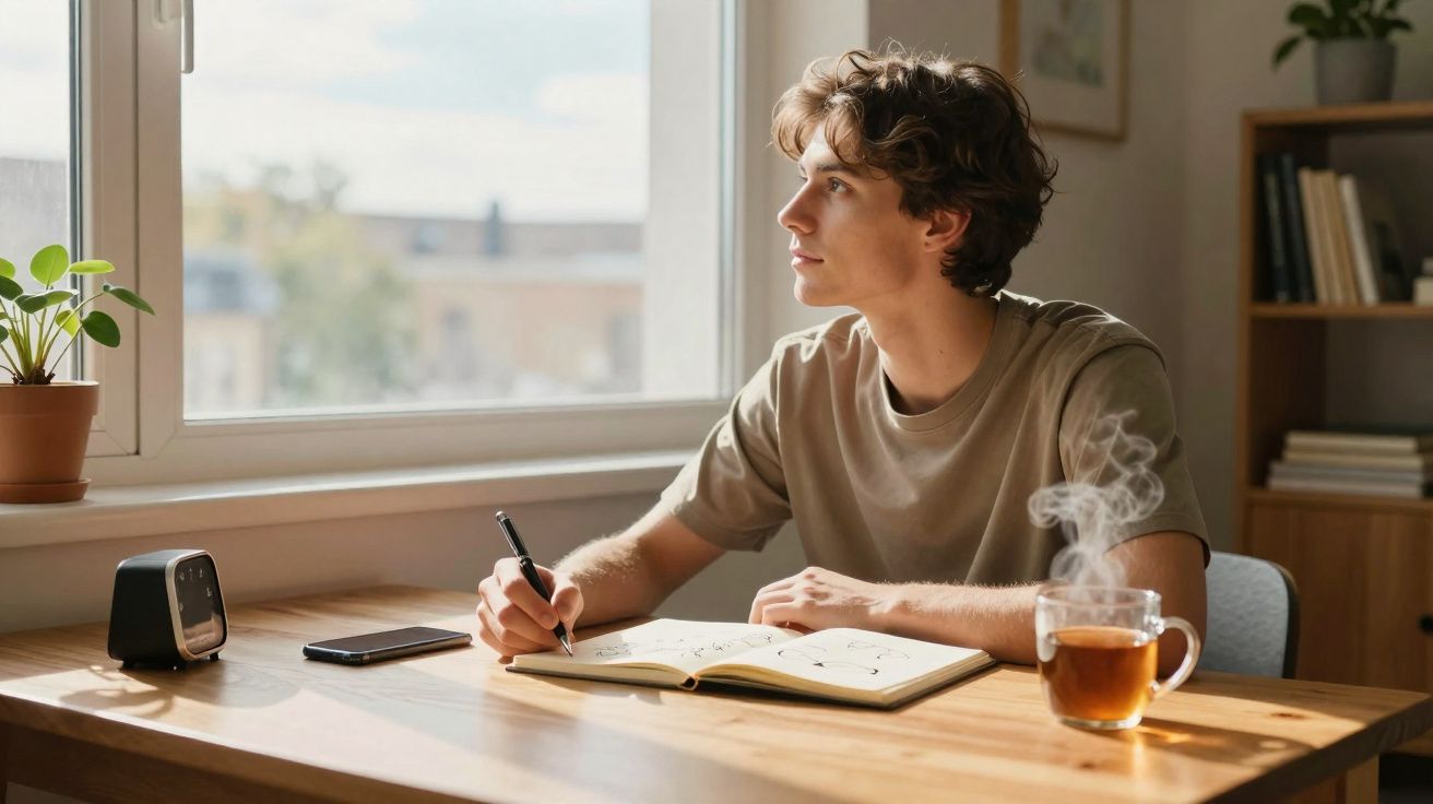 Jovem sentado à mesa com caderno, caneta e chá quente, olhando pensativo pela janela.