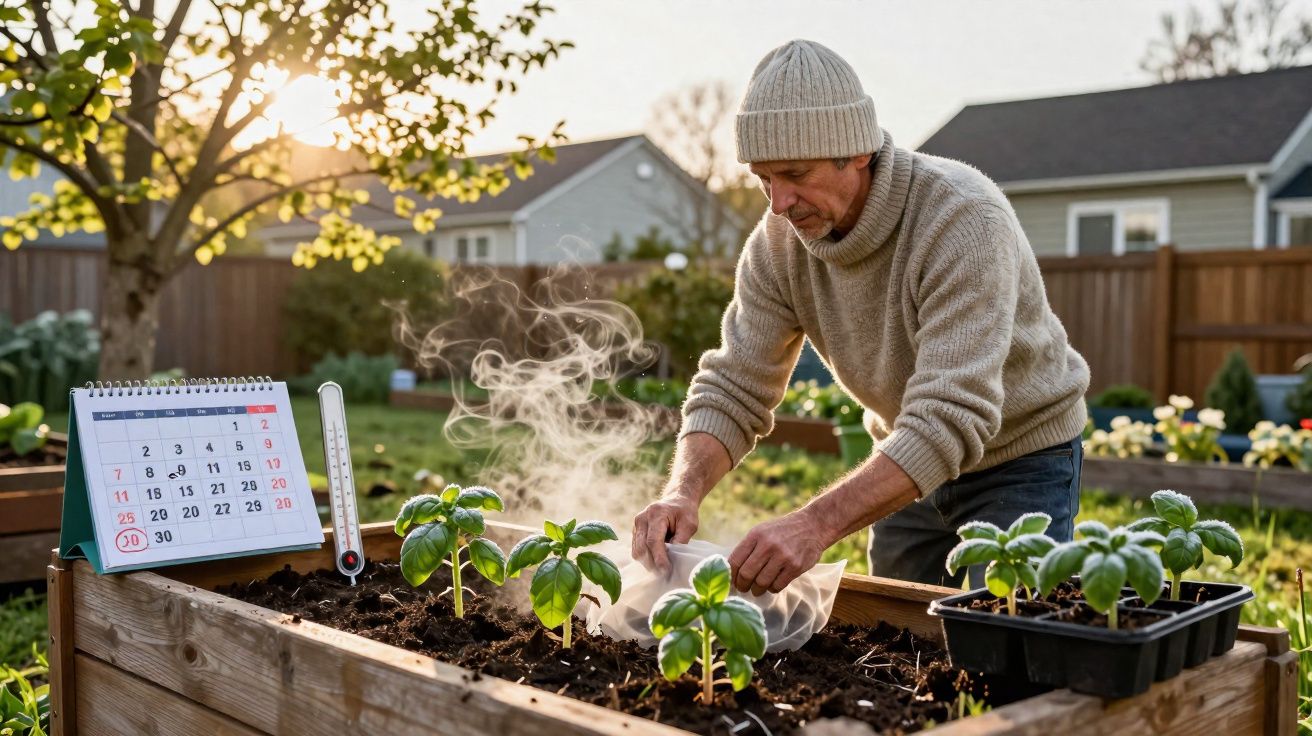Homem a proteger plantas jovens numa horta elevada ao ar livre num dia frio de inverno.