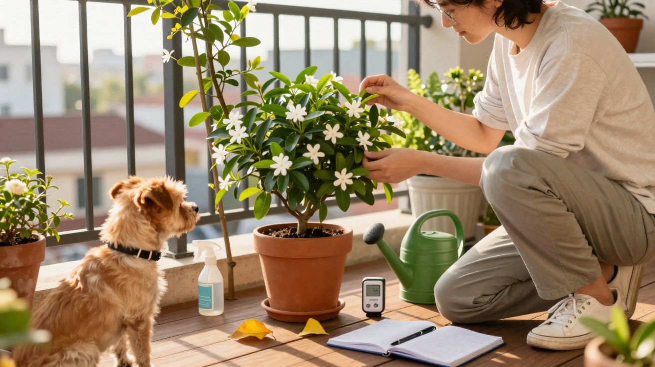 Pessoa a cuidar de planta florida num vaso no terraço enquanto cão pequeno observa sentado.