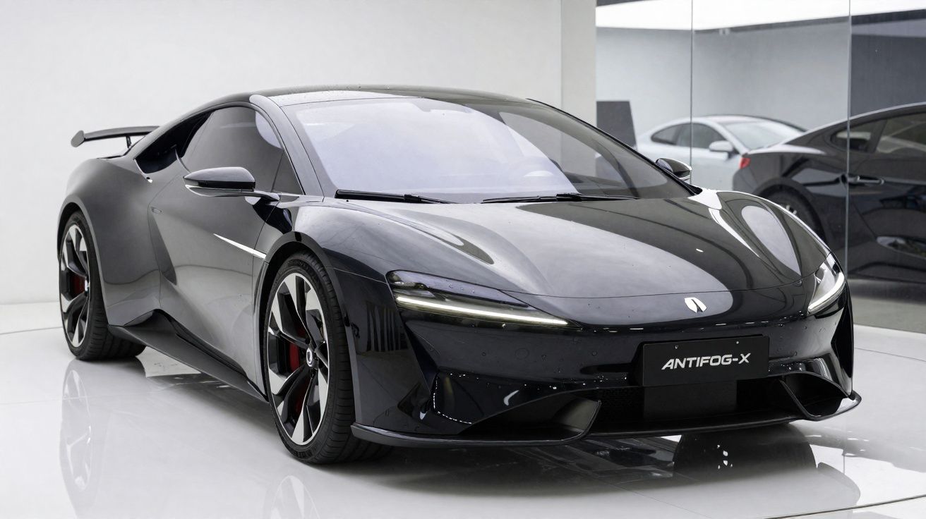Carro desportivo preto elétrico com design aerodinâmico exibido em showroom com piso branco brilhante.