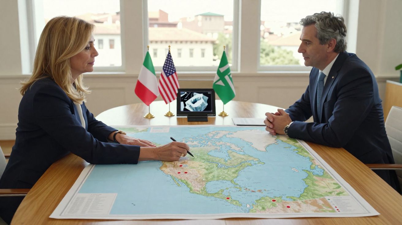 Duas pessoas sentadas à mesa com um mapa da América do Norte, três bandeiras e um tablet ao centro.