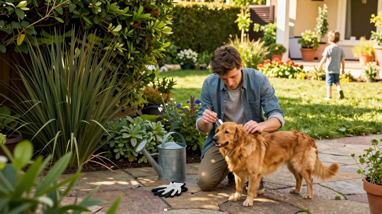 Homem a cuidar de um cão castanho num jardim com plantas e criança ao fundo.