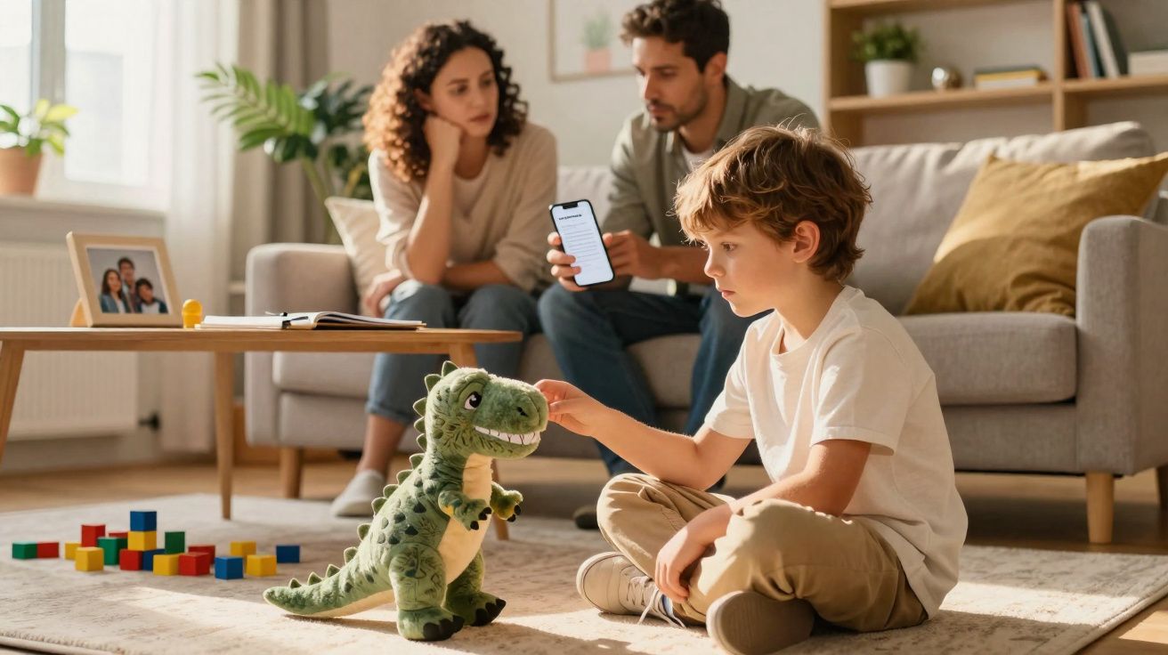 Criança sentada no chão a brincar com dinossauro de brinquedo, pais observam atentos no sofá atrás.