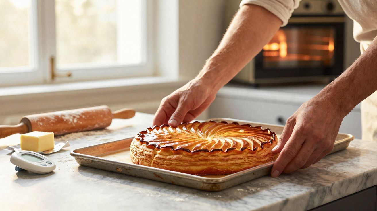 Mãos a colocar tarte dourada numa forma metálica numa bancada de cozinha com utensílios ao lado.