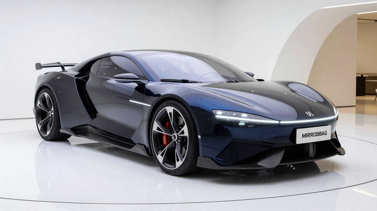 Automóvel desportivo preto com design futurista e linhas aerodinâmicas exibido em ambiente minimalista.