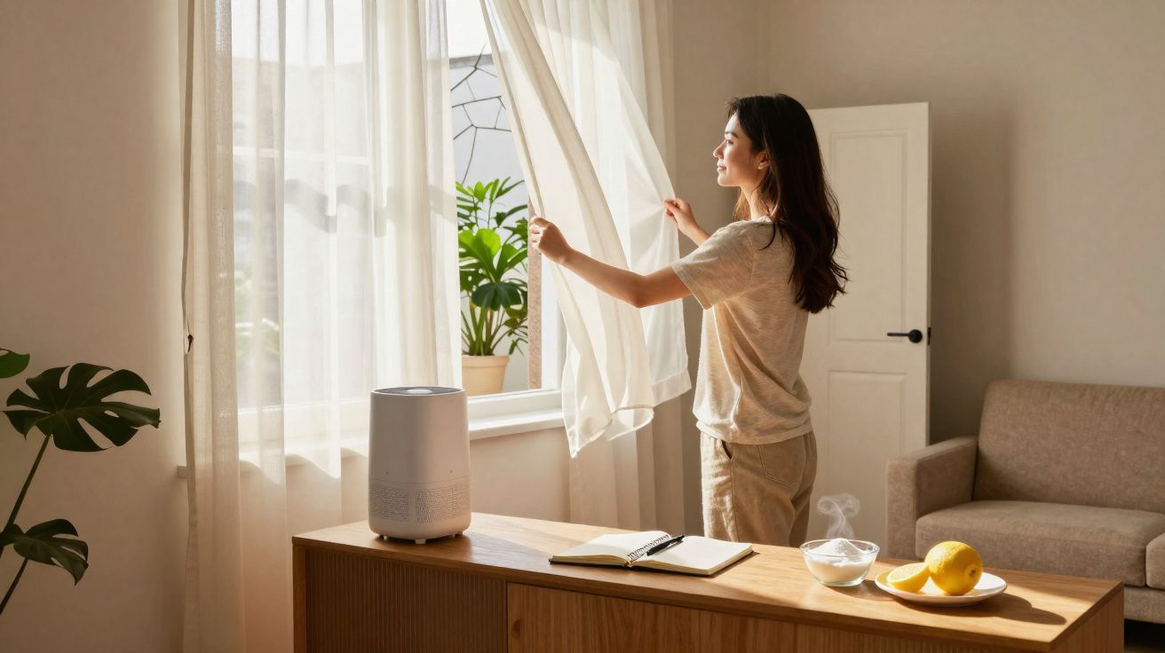 Mulher abre cortinas numa sala de estar iluminada com plantas, sofá, livro e difusor de aromas.