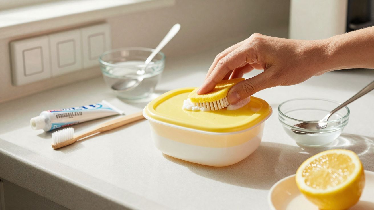 Mão a limpar tampa amarela com esponja de limão, pasta de dentes, escova e tigelas na bancada da cozinha.