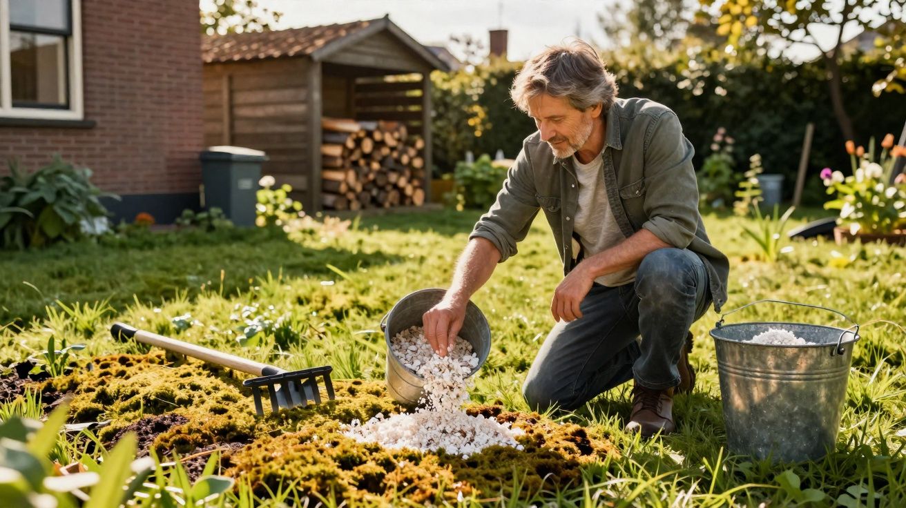 Homem a adicionar fertilizante ao solo num jardim com luz natural e ferramentas de jardinagem.