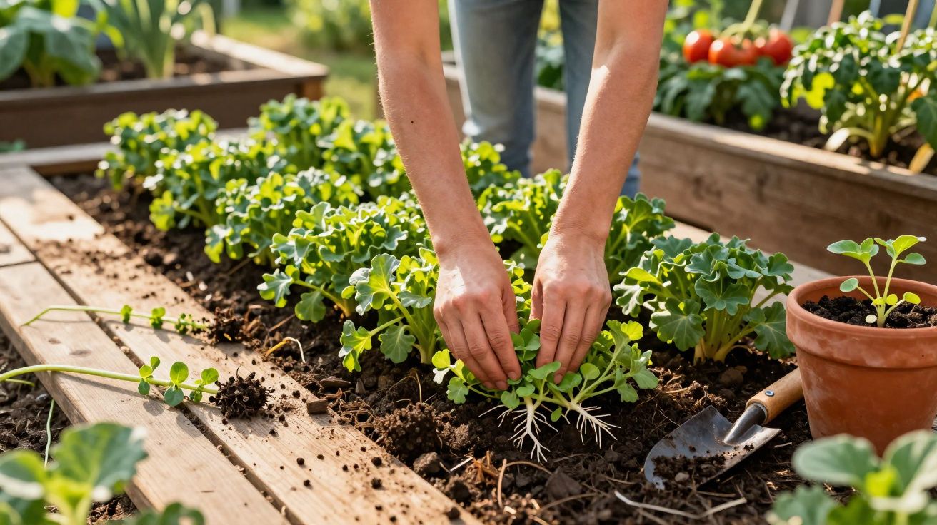 Mãos a transplantar pequenas plantas verdes num canteiro de madeira num jardim ensolarado.