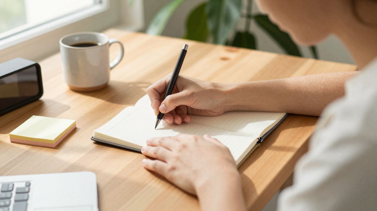 Pessoa a escrever num caderno aberto numa secretária com caneca de café, computador e bloco de notas.